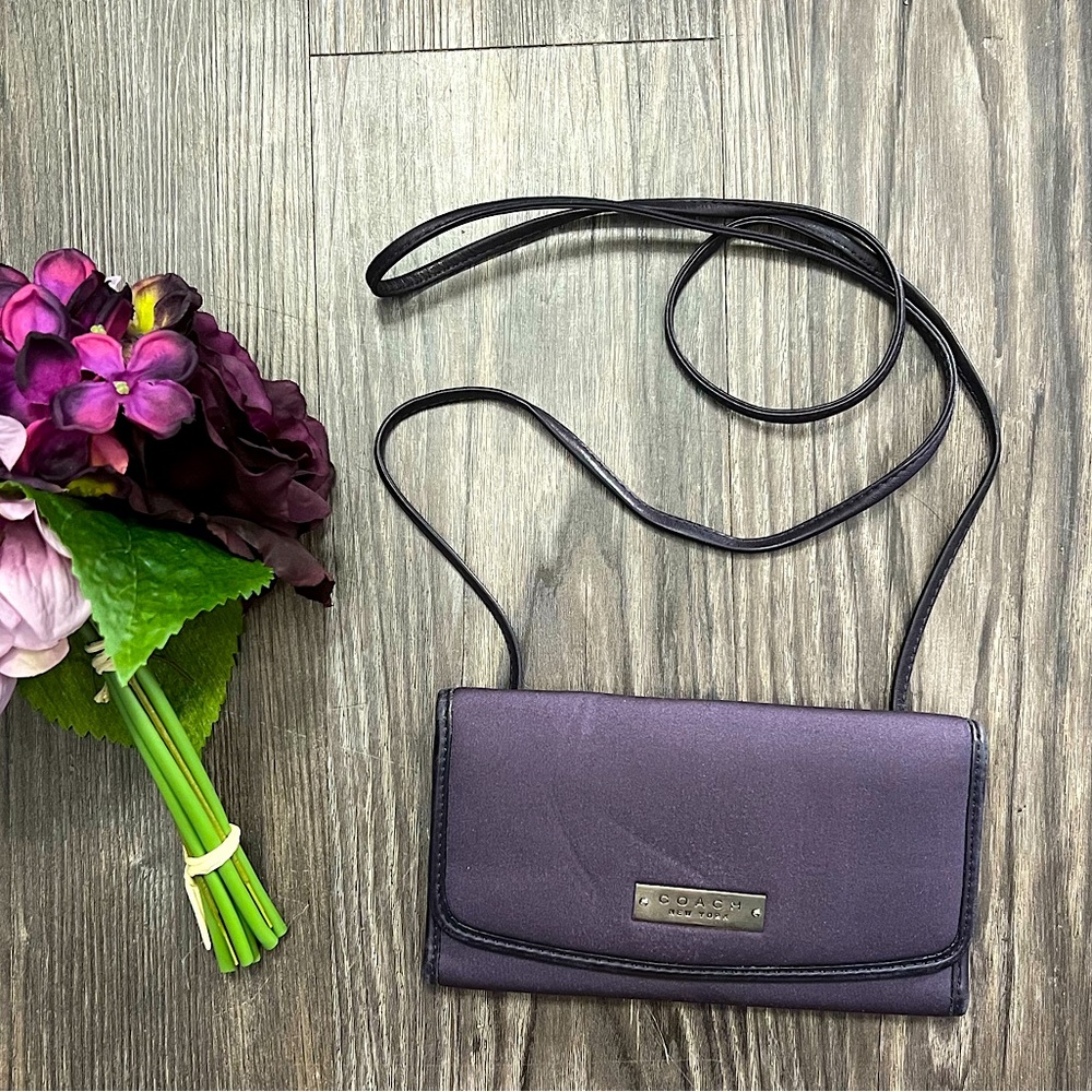 EUC Coach dark purple leather & fabric padded cross body wallet